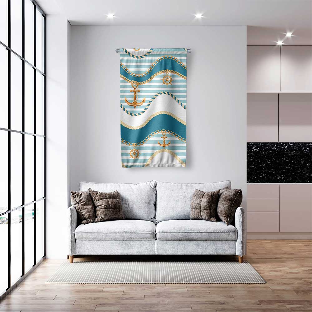 Çapa, Zincir ve Halat Desenli Marin Duvar Flaması 4658