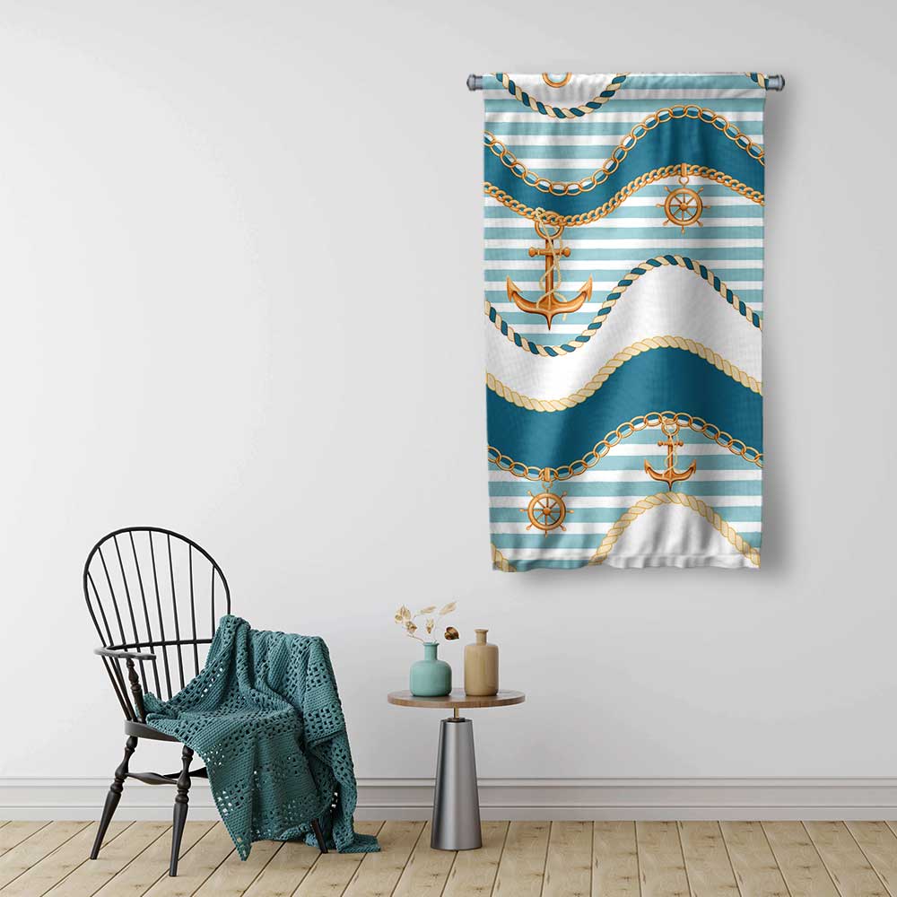 Çapa, Zincir ve Halat Desenli Marin Duvar Flaması 4658