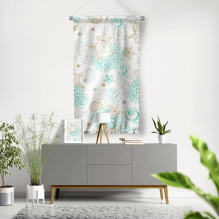 Deniz Kabukları ve Kaplumbağa Desenli Marin Duvar Flaması 4663