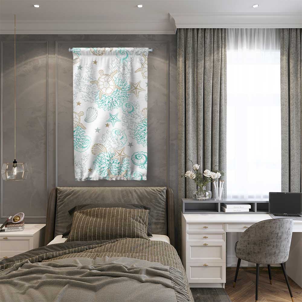 Deniz Kabukları ve Kaplumbağa Desenli Marin Duvar Flaması 4663