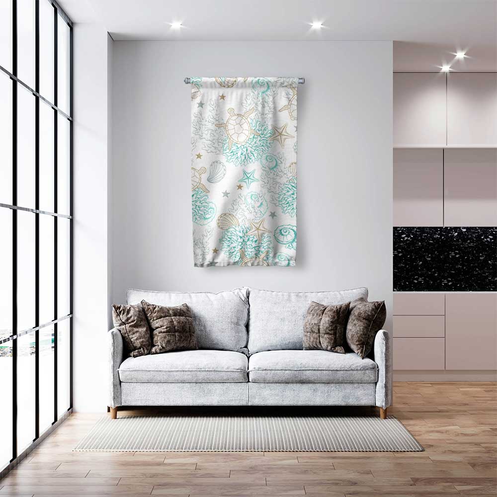 Deniz Kabukları ve Kaplumbağa Desenli Marin Duvar Flaması 4663