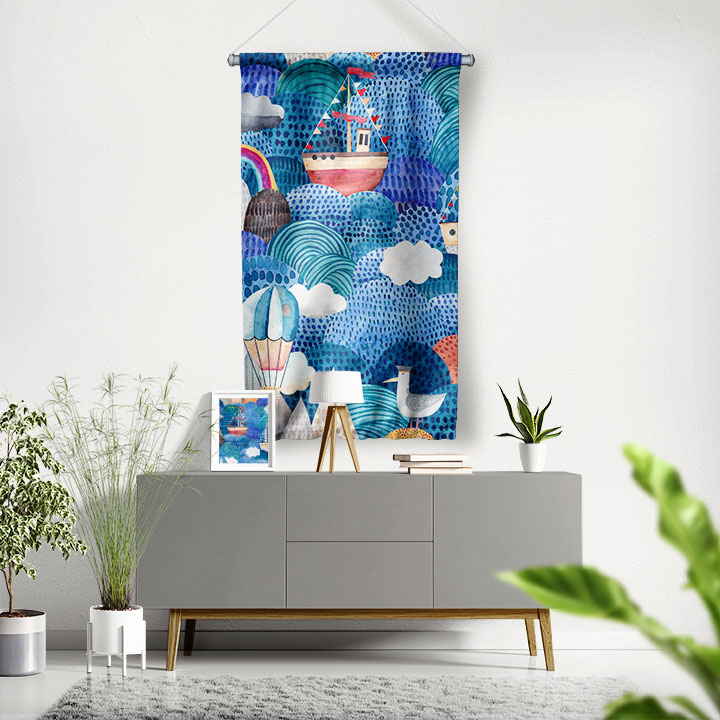 Renkli Deniz Manzaralı İllüstrasyon Duvar Flaması 4665