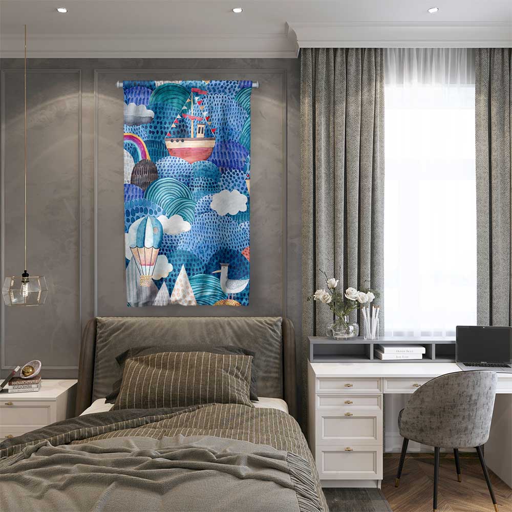 Renkli Deniz Manzaralı İllüstrasyon Duvar Flaması 4665