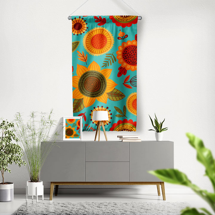 Turkuaz Zeminli Retro Çiçek Desenli Duvar Flaması 4771