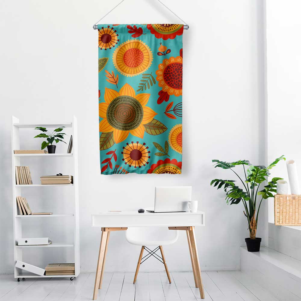 Turkuaz Zeminli Retro Çiçek Desenli Duvar Flaması 4771