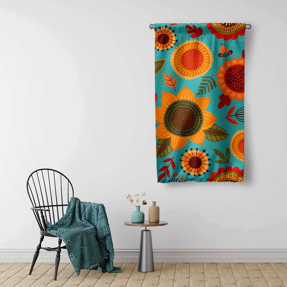 Turkuaz Zeminli Retro Çiçek Desenli Duvar Flaması 4771