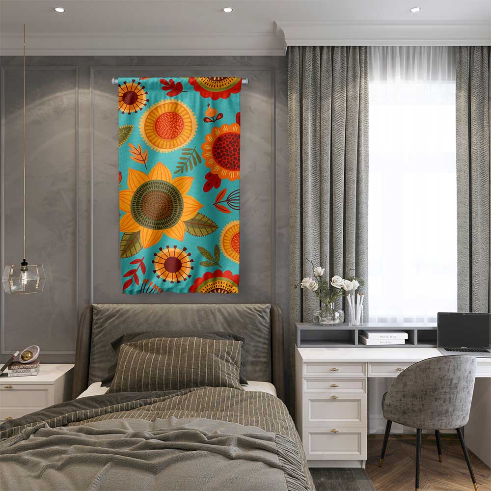 Turkuaz Zeminli Retro Çiçek Desenli Duvar Flaması 4771