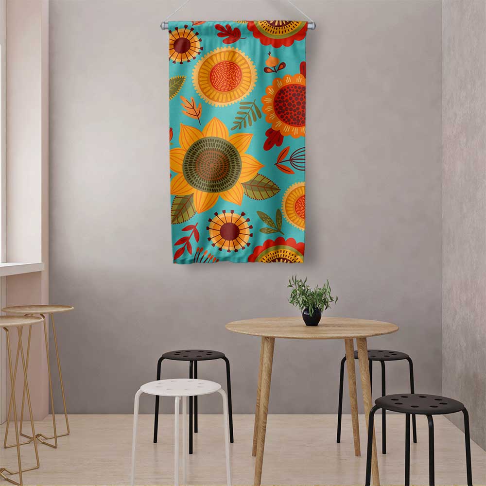 Turkuaz Zeminli Retro Çiçek Desenli Duvar Flaması 4771