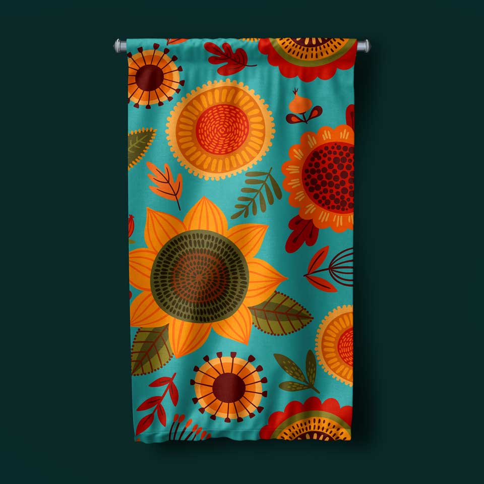 Turkuaz Zeminli Retro Çiçek Desenli Duvar Flaması 4771