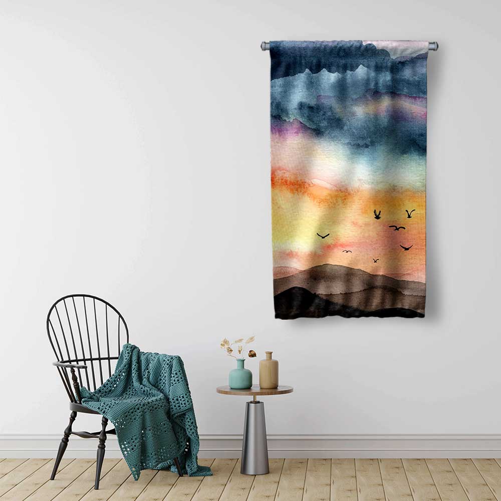 Soyut Gün Batımı ve Kuş Silüetli Duvar Flaması 4775