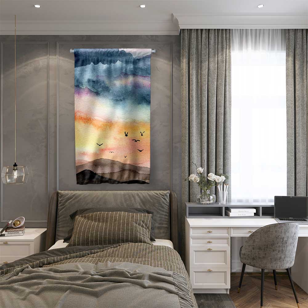 Soyut Gün Batımı ve Kuş Silüetli Duvar Flaması 4775