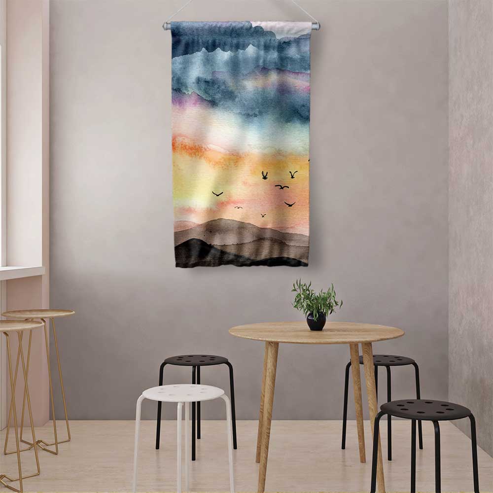 Soyut Gün Batımı ve Kuş Silüetli Duvar Flaması 4775