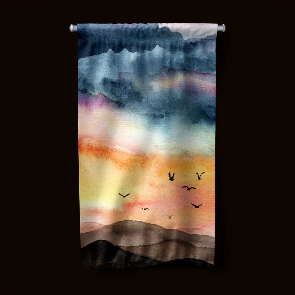 Soyut Gün Batımı ve Kuş Silüetli Duvar Flaması 4775