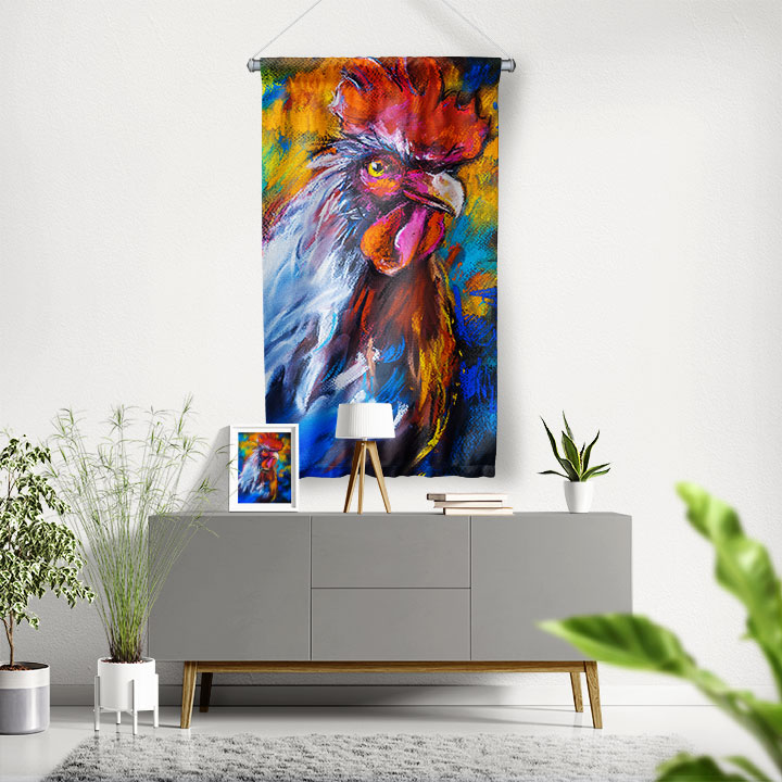 Renkli Horoz Portre Sanat Duvar Flaması 4776