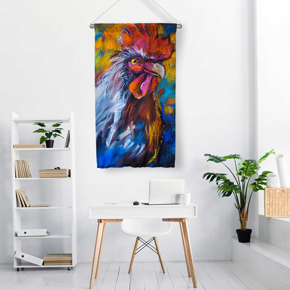 Renkli Horoz Portre Sanat Duvar Flaması 4776