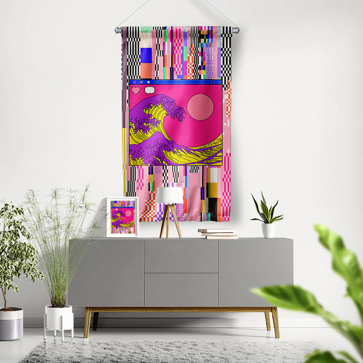 Glitch Dalga Dijital Sanat Duvar Flaması 4891