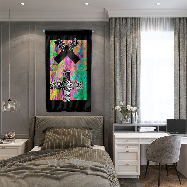 Glitch X ve Artı Sembolleri Dijital Sanat Duvar Flaması 4899