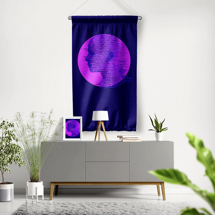 Mor Profil Glitch Dijital Sanat Duvar Flaması 4900