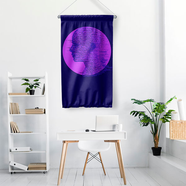 Mor Profil Glitch Dijital Sanat Duvar Flaması 4900