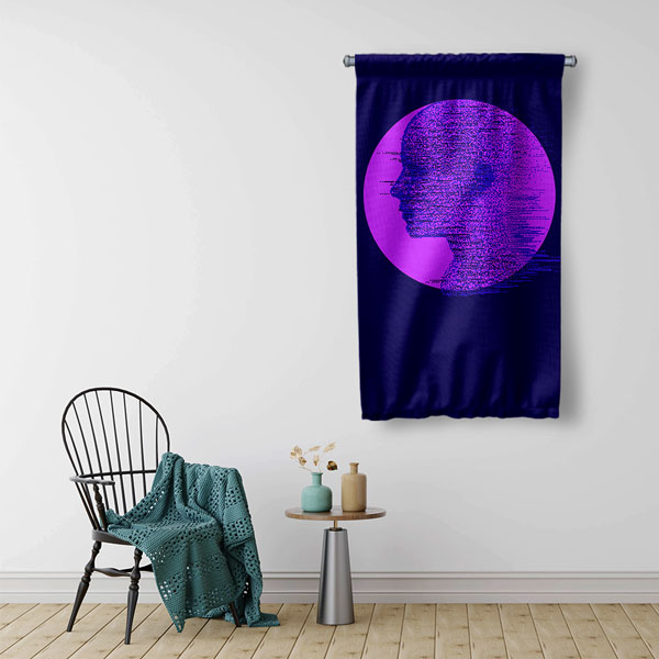 Mor Profil Glitch Dijital Sanat Duvar Flaması 4900