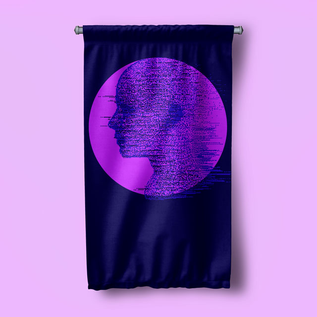 Mor Profil Glitch Dijital Sanat Duvar Flaması 4900