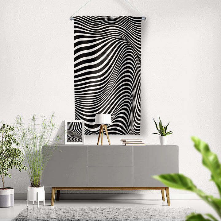 Siyah Beyaz Dalgalı Çizgiler Op Art Dijital Sanat Duvar Flaması 4903