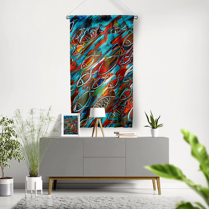 Soyut Balık Deseni Duvar Flaması 4970