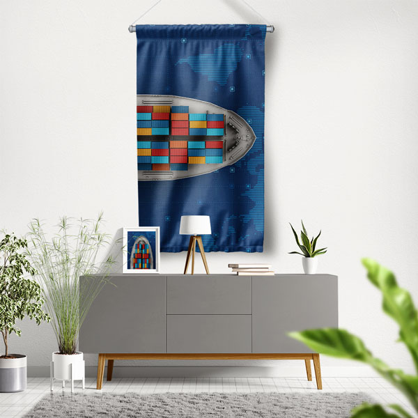 Konteyner Gemisi ve Dünya Haritası Tasarımlı Duvar Flaması Kumaş Baskı 5360