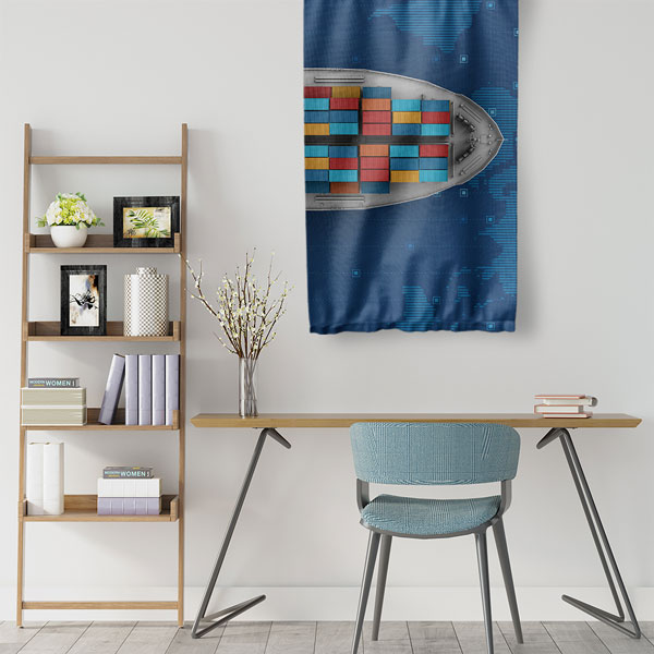 Konteyner Gemisi ve Dünya Haritası Tasarımlı Duvar Flaması Kumaş Baskı 5360