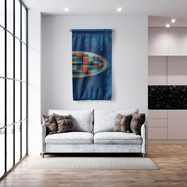 Konteyner Gemisi ve Dünya Haritası Tasarımlı Duvar Flaması Kumaş Baskı 5360