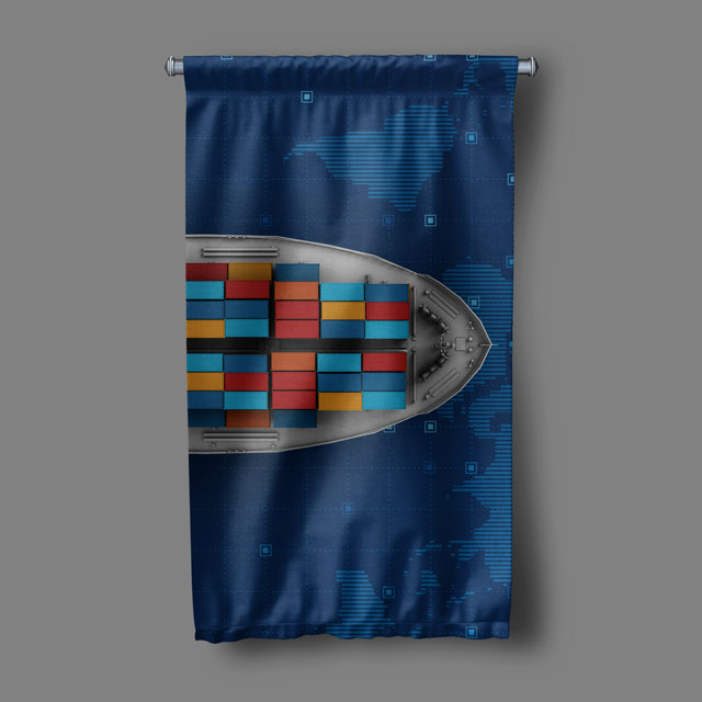 Konteyner Gemisi ve Dünya Haritası Tasarımlı Duvar Flaması Kumaş Baskı 5360