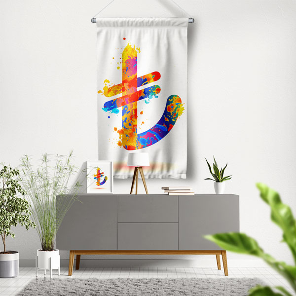 Renkli Türk Lirası Sembolü Tasarımlı Duvar Flaması Kumaş Baskı 5361