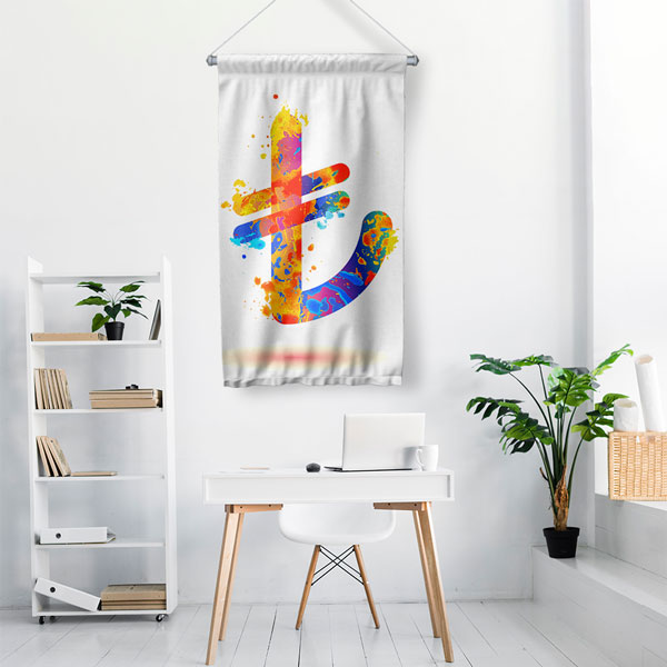 Renkli Türk Lirası Sembolü Tasarımlı Duvar Flaması Kumaş Baskı 5361