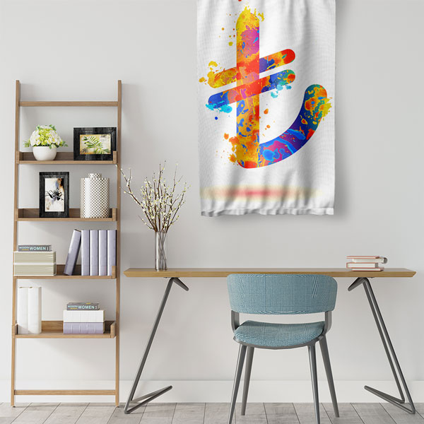 Renkli Türk Lirası Sembolü Tasarımlı Duvar Flaması Kumaş Baskı 5361