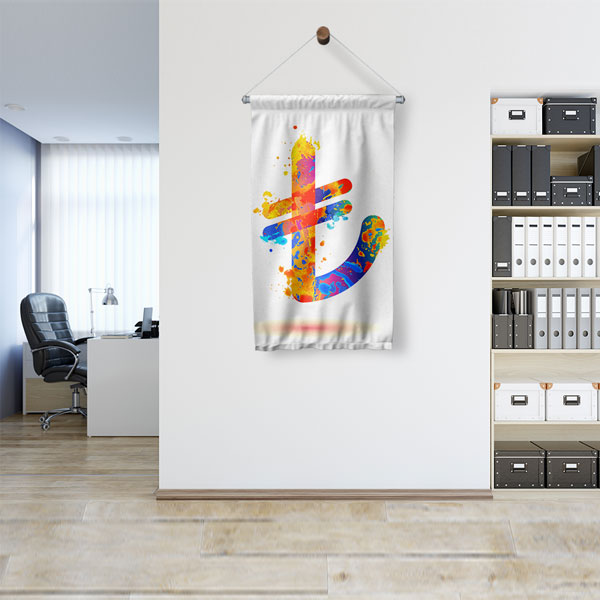 Renkli Türk Lirası Sembolü Tasarımlı Duvar Flaması Kumaş Baskı 5361