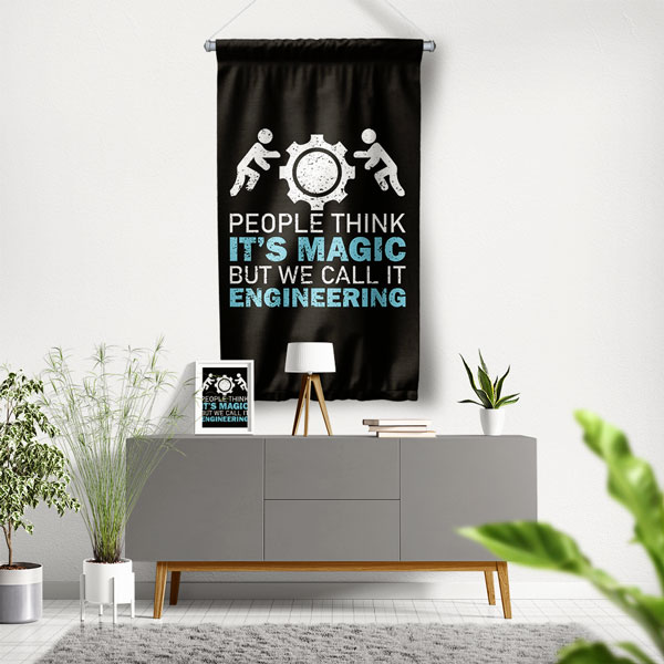 Mühendislik Sloganlı Siyah Tasarım Duvar Flaması 5512