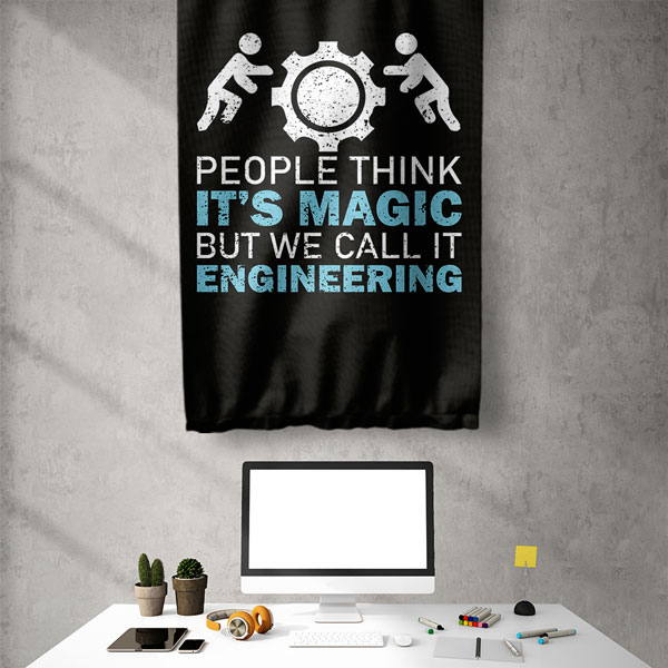 Mühendislik Sloganlı Siyah Tasarım Duvar Flaması 5512