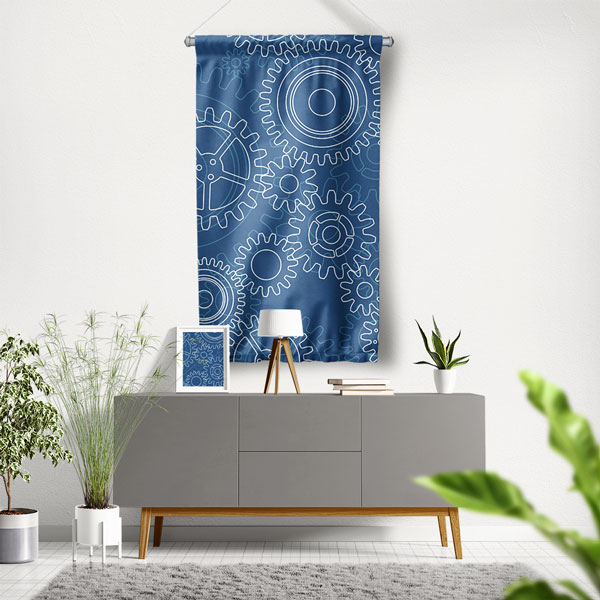 Mavi Çark Tasarımlı Endüstriyel Duvar Flaması 5514