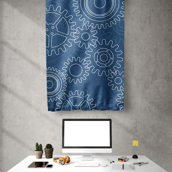 Mavi Çark Tasarımlı Endüstriyel Duvar Flaması 5514