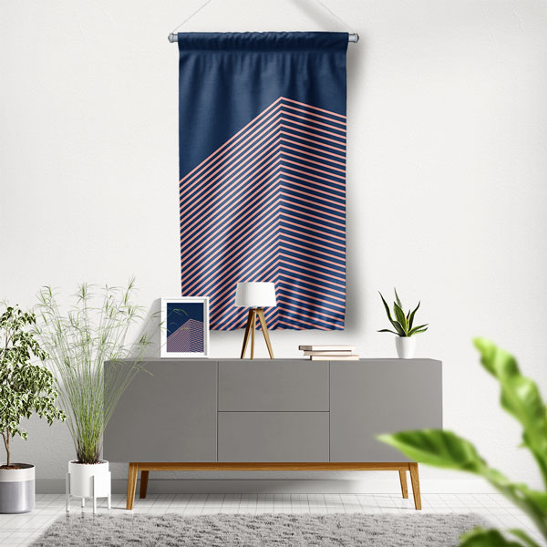 duvar-flamasi-5615-00 Geometrik Desenli Lacivert Duvar Flaması Kumaş Baskı 5615