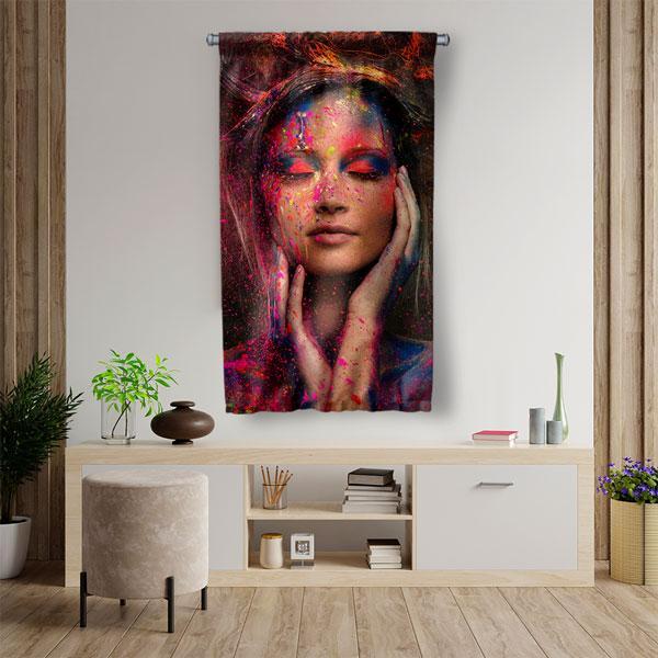 Renkli Makyajlı Kadın Portresi Kuaför Duvar Flaması 5752