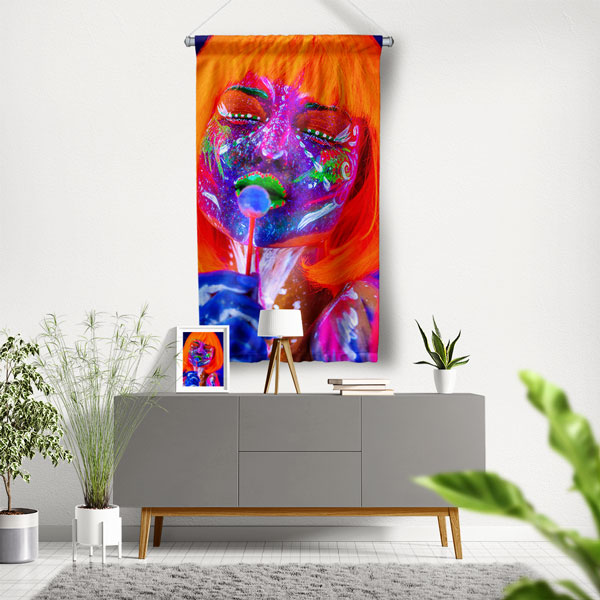 Neon Işıklı Kadın Portre Tasarımlı Kuaför Duvar Flaması Kumaş Baskı 5755