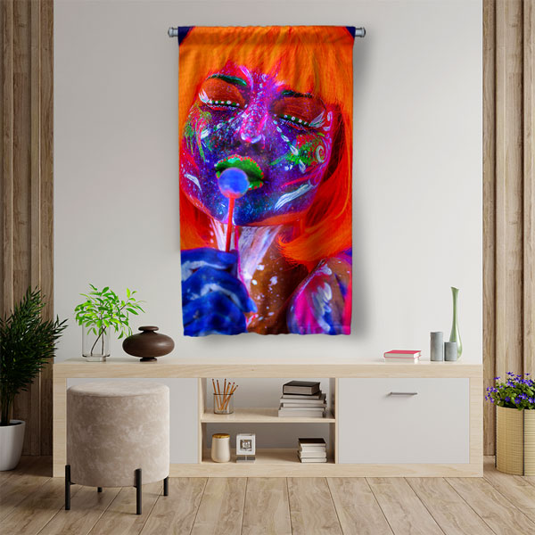 Neon Işıklı Kadın Portre Tasarımlı Kuaför Duvar Flaması Kumaş Baskı 5755