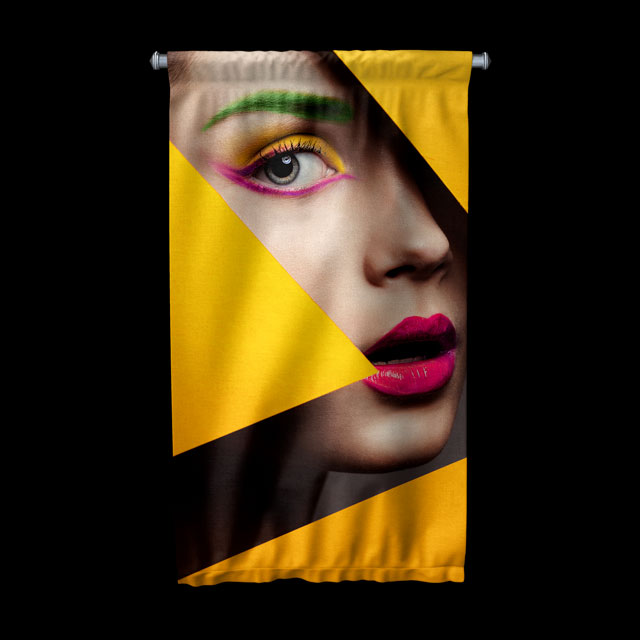 Sarı Siyah Geometrik Kadın Portre Tasarımlı Kuaför Duvar Flaması Kumaş Baskı 5767