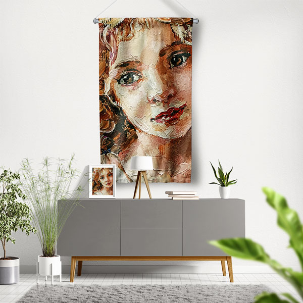 Yağlı Boya Kadın Portresi Temalı Sanatsal Duvar Flaması Kumaş Baskı 5773