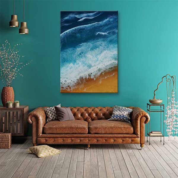 Turkuaz Dalgalar ve Kumsal Üstten Görünüm Deniz Temalı Duvar Tablosu 4589