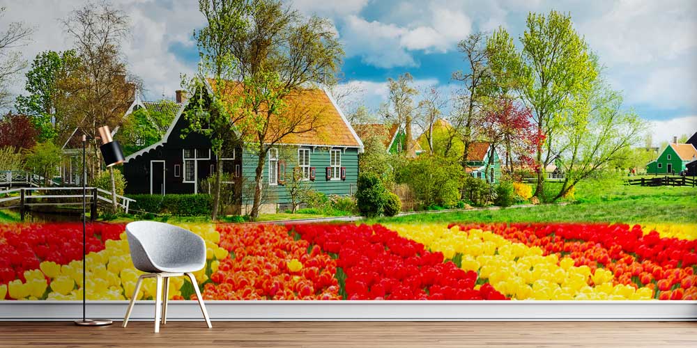 Lale Tarlaları ve Hollanda Kırsal Evleri Manzaralı Duvar Kağıdı 13029