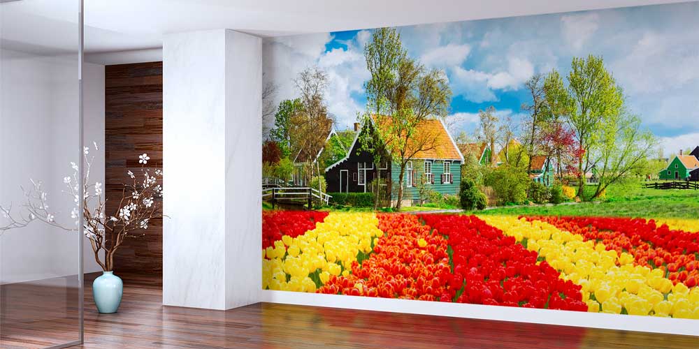 Lale Tarlaları ve Hollanda Kırsal Evleri Manzaralı Duvar Kağıdı 13029