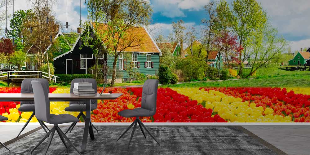 Lale Tarlaları ve Hollanda Kırsal Evleri Manzaralı Duvar Kağıdı 13029