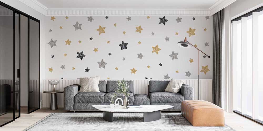 Altın ve Gri Yıldız Desenli Uzay Temalı Duvar Kağıdı 4334